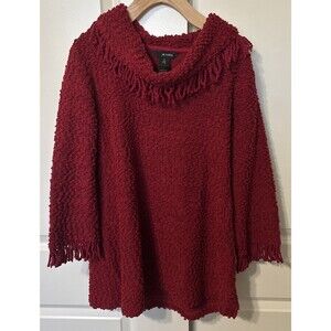 Ali Miles Sweater Size Small Red Yarn Fringe Hem 3/4 Sleeves Cowl Collar Knit